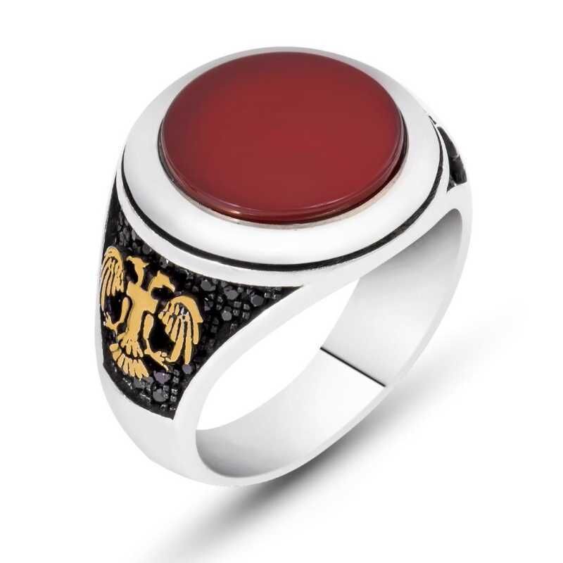 Silver Agate Stone Double Headed Eagle Men's Ring