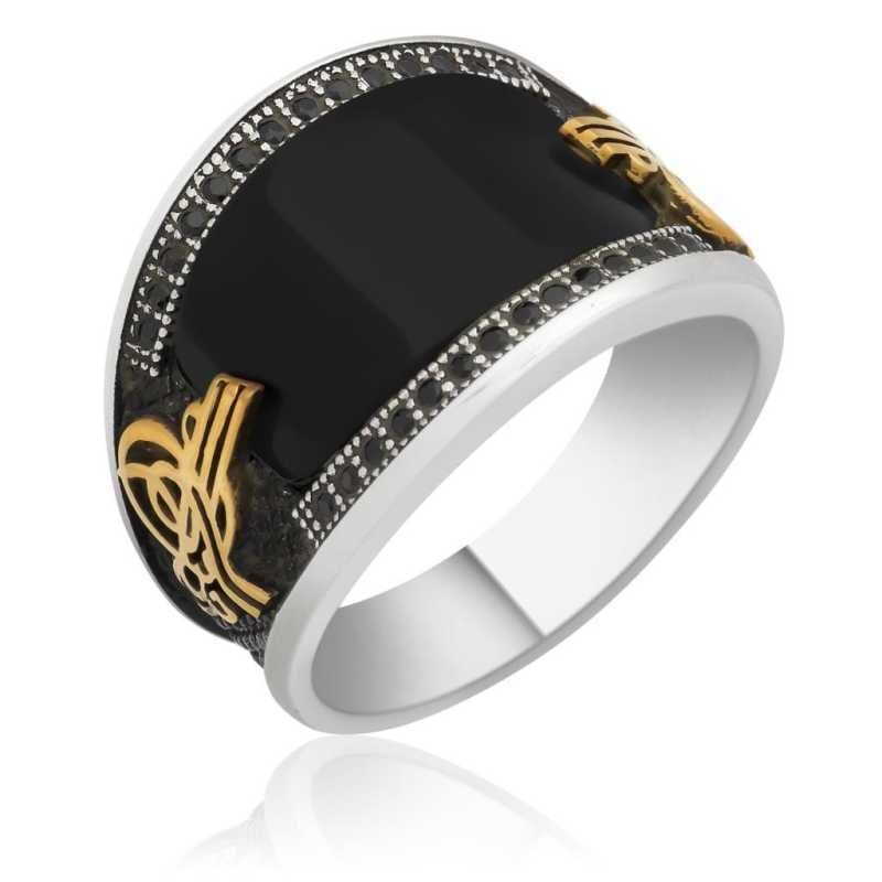Silver Black Stone Tughra Men's Ring
