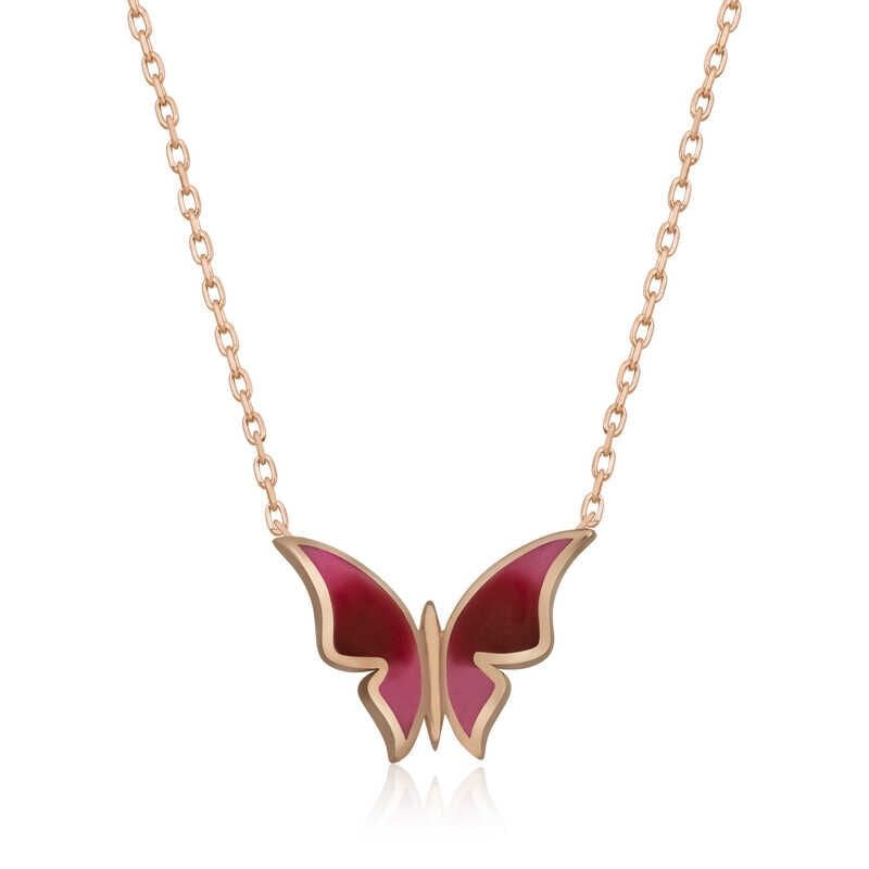 Collar minimalista de mariposa rosa de plata para mujer