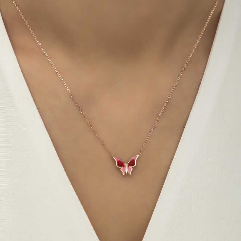 Collar minimalista de mariposa rosa de plata para mujer