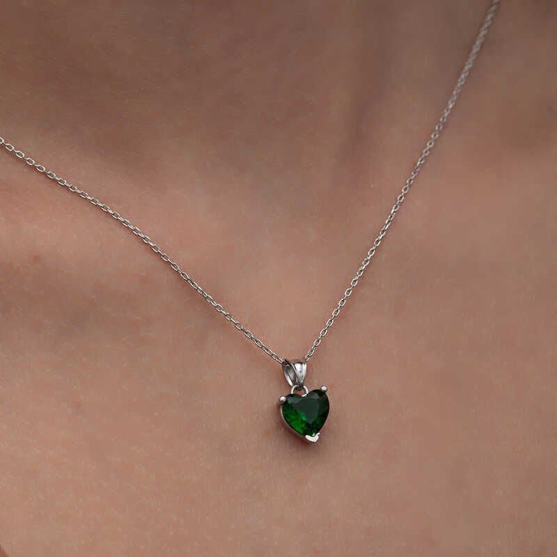Silver Green Stone Heart Women's Necklace