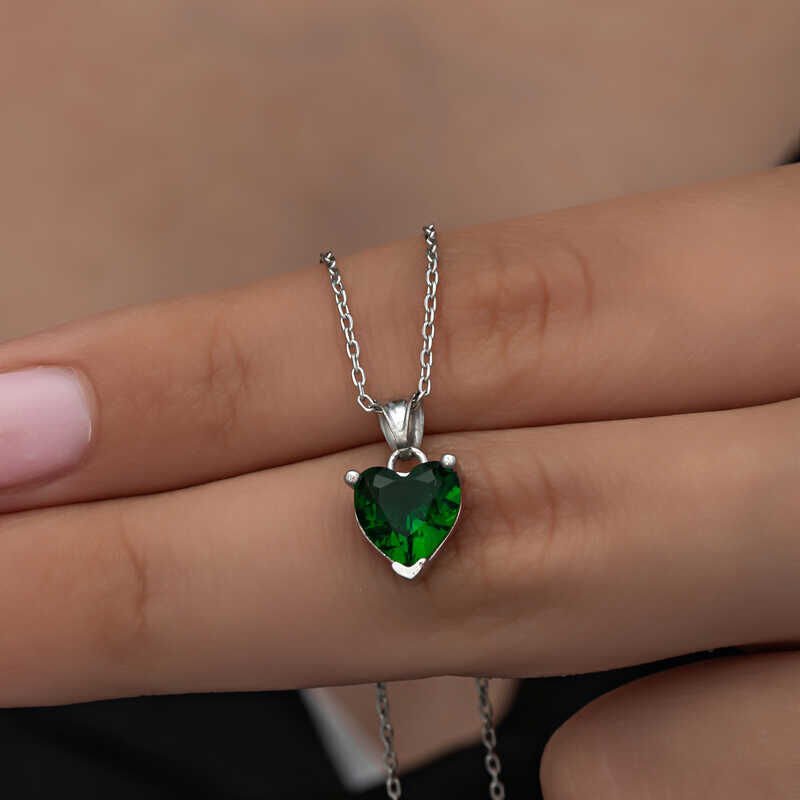 Silver Green Stone Heart Women's Necklace