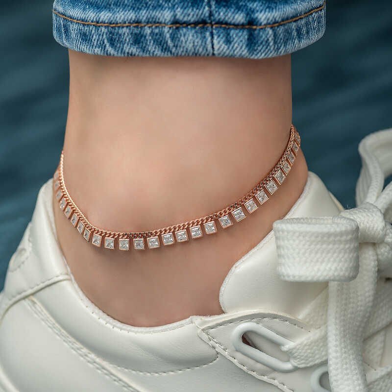 Silver Zircon Stone Rose Anklet