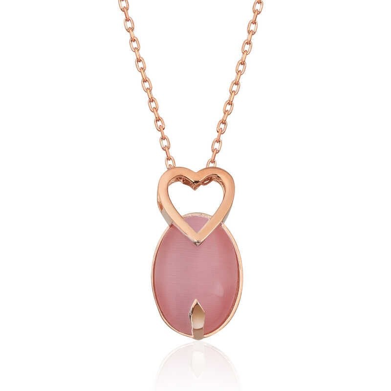 Silver Pink Cat's Eye Stone Heart Necklace