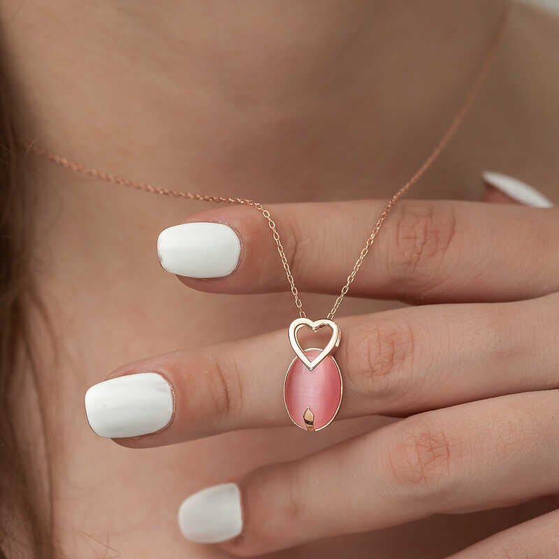 Silver Pink Cat's Eye Stone Heart Necklace