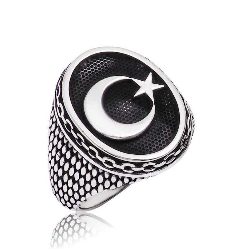 Silver Crescent Star Men's Ring