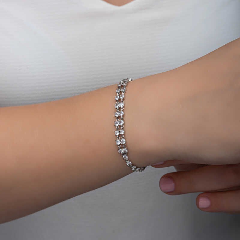 Silver Zircon Stone Double Row Women's Bracelet