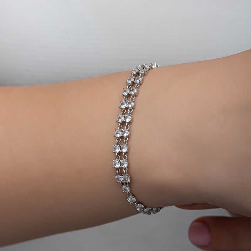 Silver Zircon Stone Double Row Women's Bracelet
