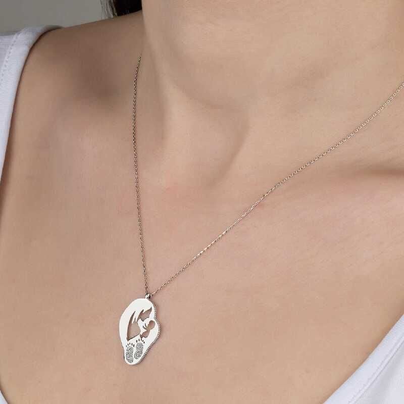 Swarovski Stone Silver Mother Baby Lady Necklace