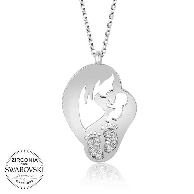Swarovski Stone Silver Mother Baby Lady Necklace