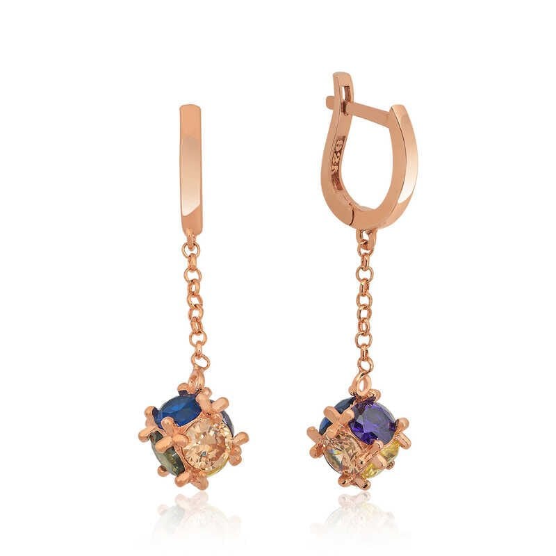 Silver Chain Colorful Stone Cube Earrings