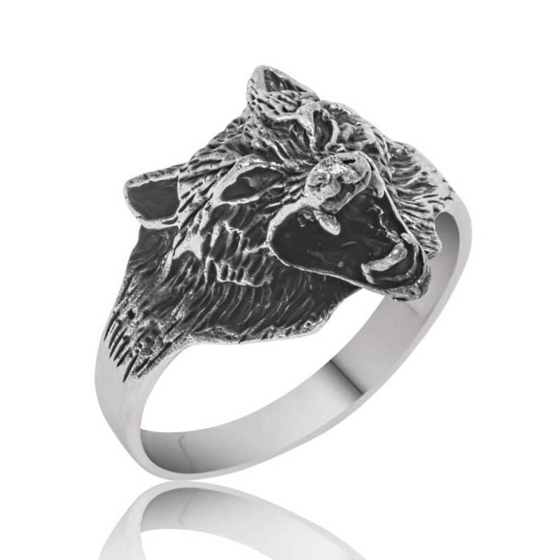 Silver Wolf Head Men's Ring