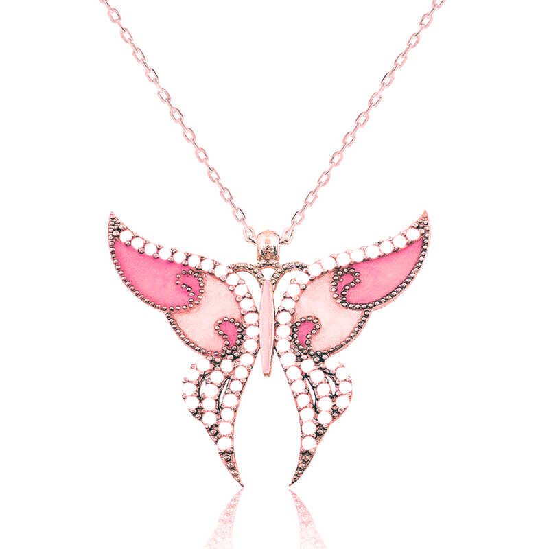 Collar de mariposa rosa plateada para mujer