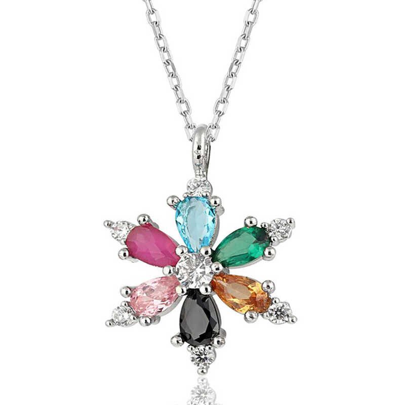 Silver Mix Stone Lotus Flower Women's Necklace