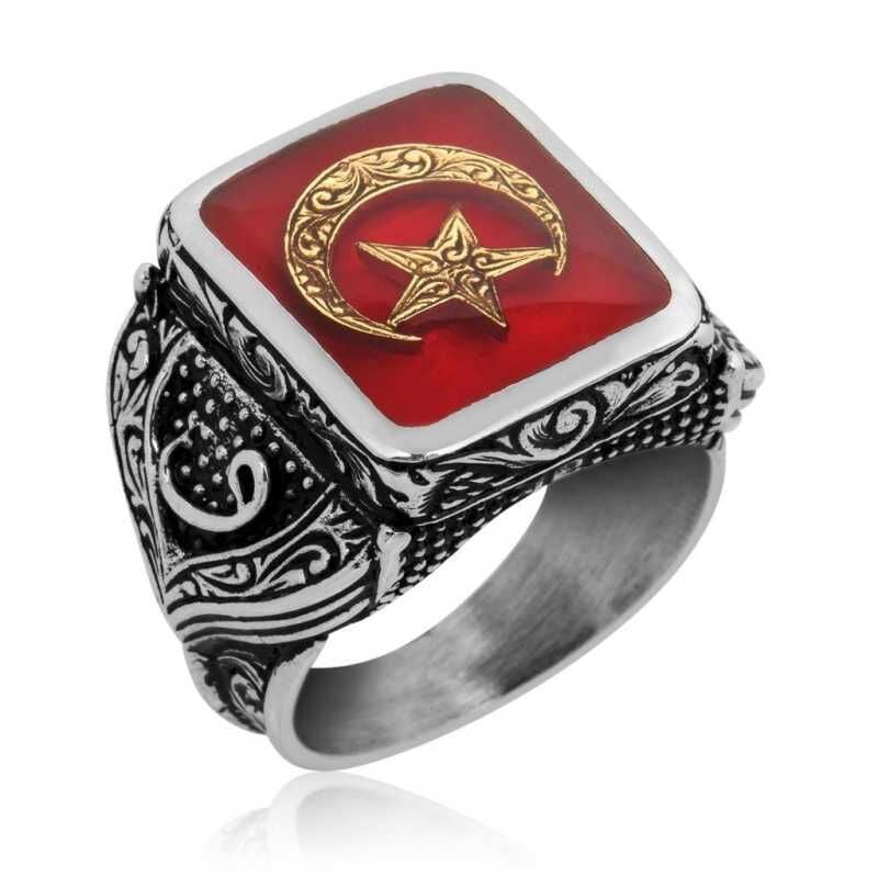 Silver Red Crescent Star Men's Ring