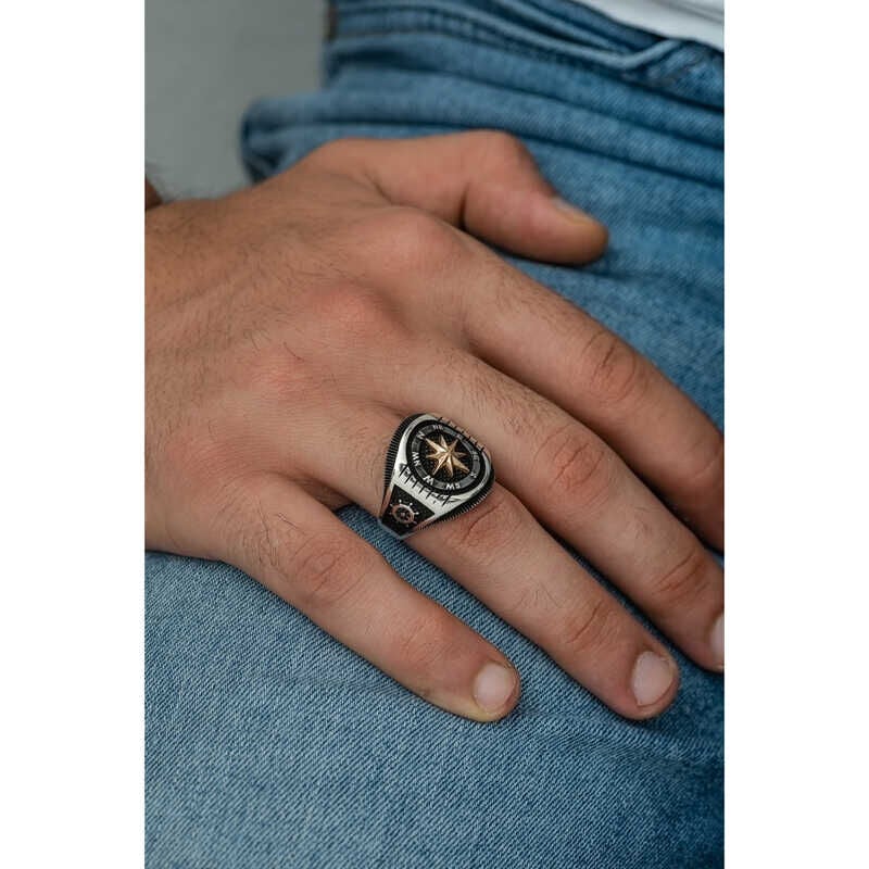 Silver Anchor Detailed Compass Men's Ring
