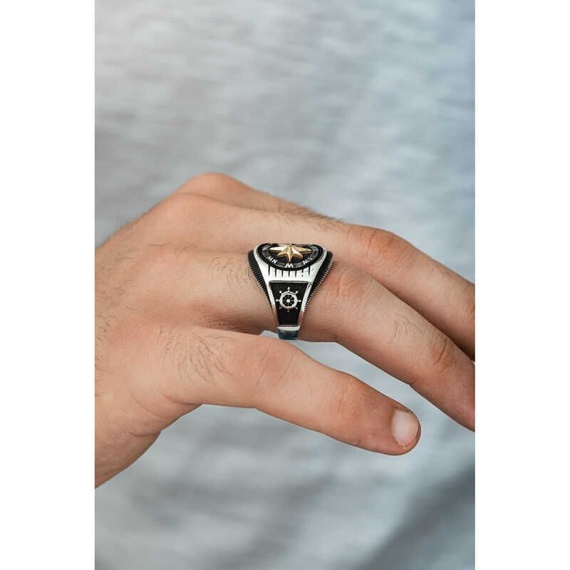 Silver Anchor Detailed Compass Men's Ring