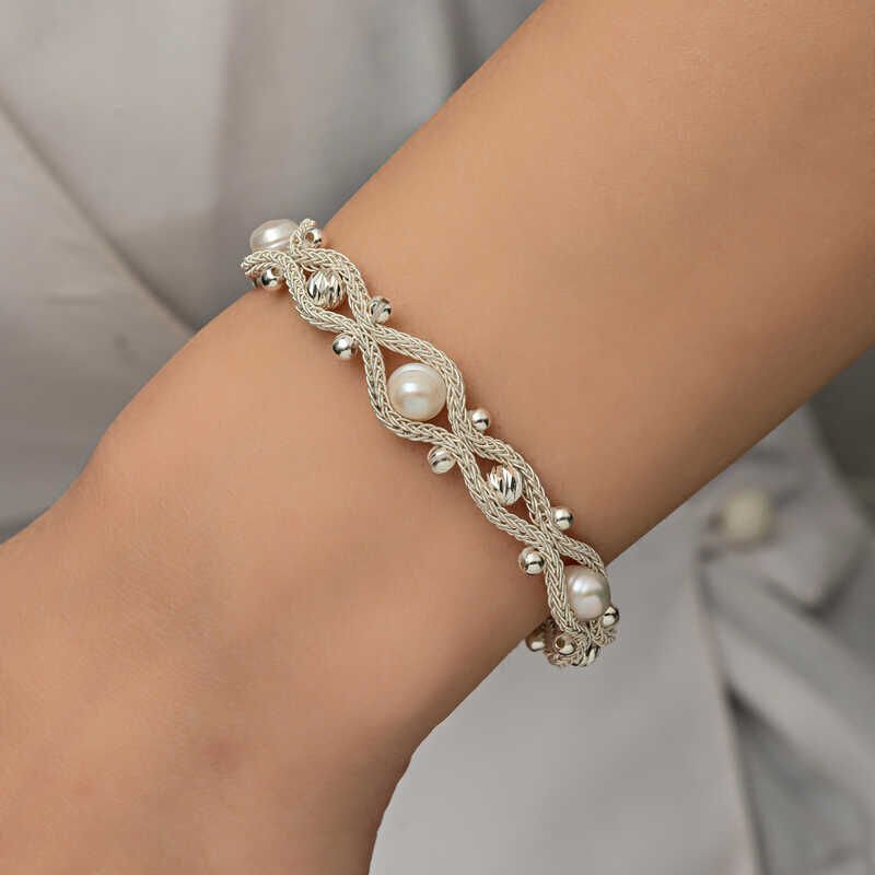 Pulsera de punto Kazaziye con perla plateada
