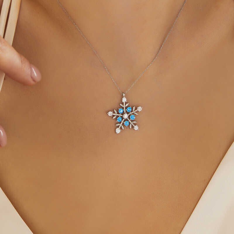 Silver Light Boxed Aquamarine Stone Snowflake Women's Necklace