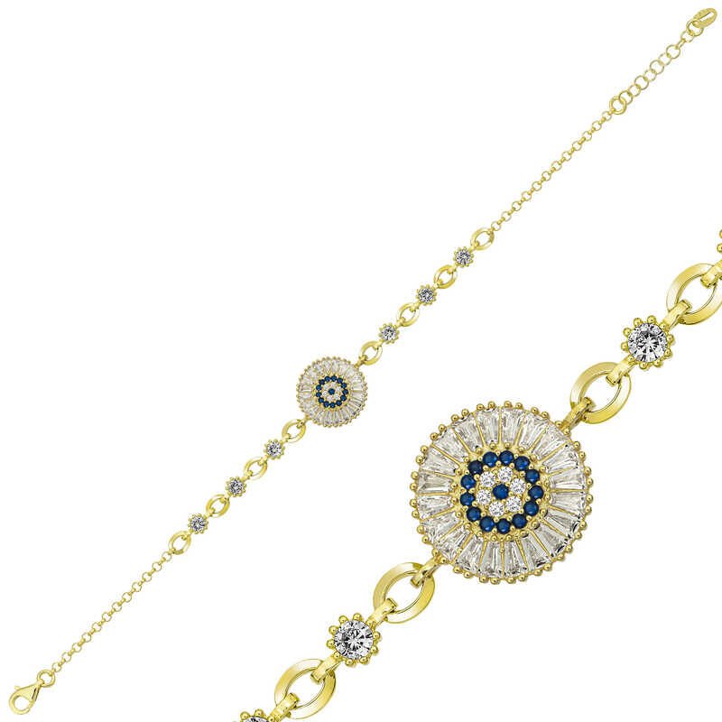 Pulsera de plata y oro con piedra baguette y ojo malvado para mujer