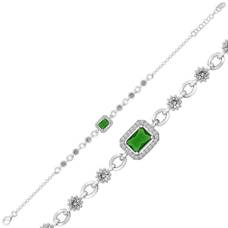 Silver Green Baguette Stone Women's Bracelet