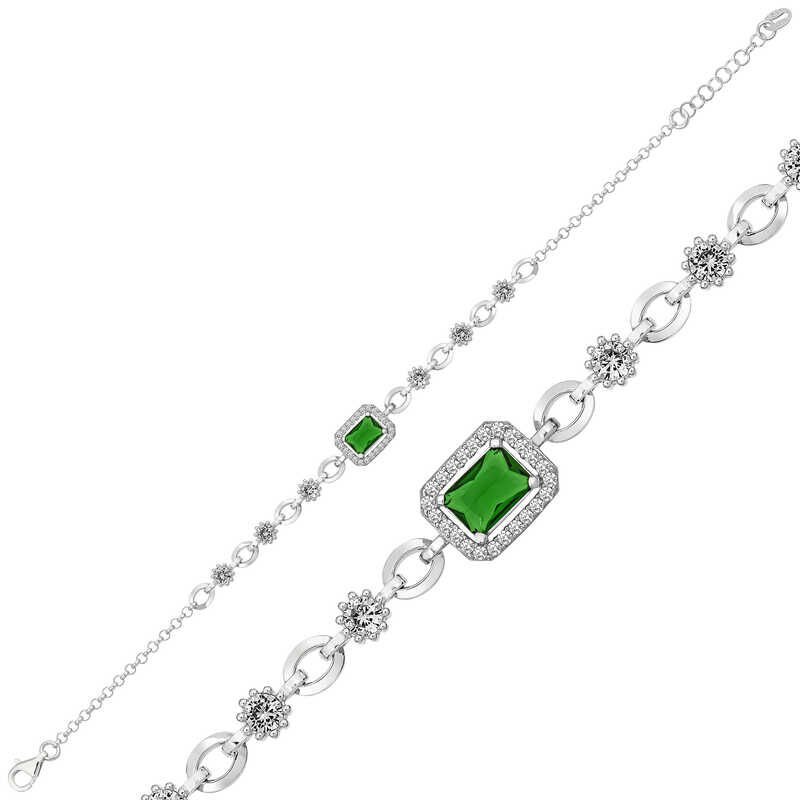 Silver Green Baguette Stone Women's Bracelet