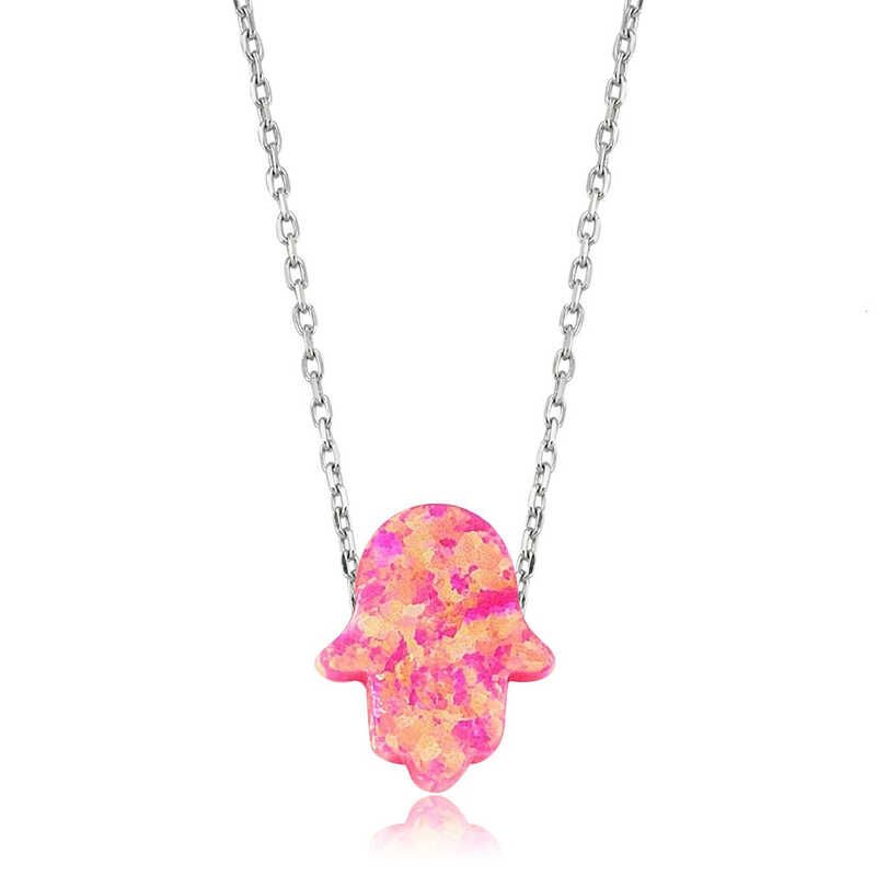 Silver Pink Opal Fatima Hand Women's Necklace
