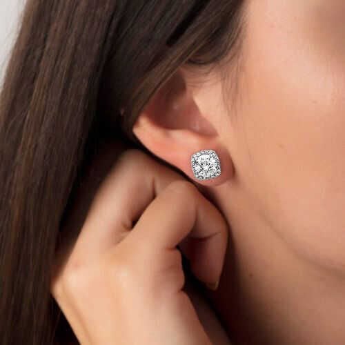 Silver Square Mount Diamond Model Earrings
