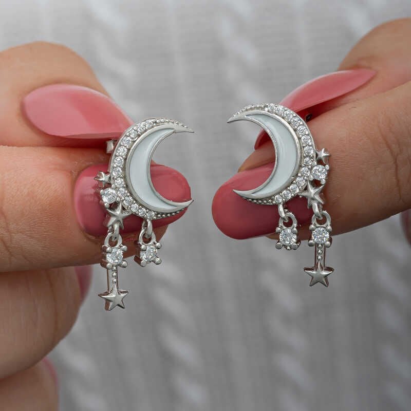 Silver Dangling Crescent Star Women's Earrings