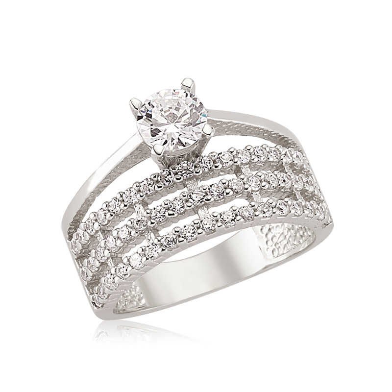 Silver Three Row Single Stone Women's Ring
