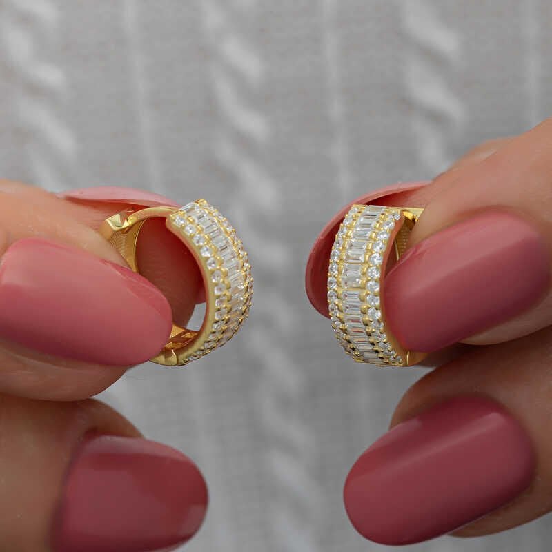 Silver Gold Baguette Row Stone Hoop Earrings