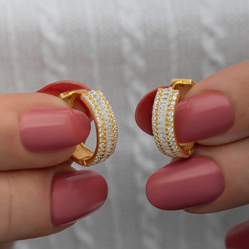 Silver Gold Baguette Row Stone Hoop Earrings