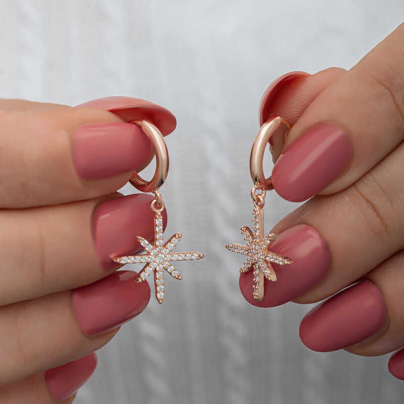 Pendientes colgantes de plata con forma de rosa y estrella polar para mujer
