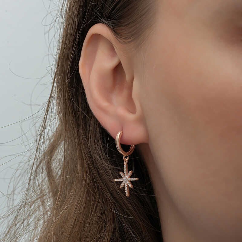 Pendientes colgantes de plata con forma de rosa y estrella polar para mujer