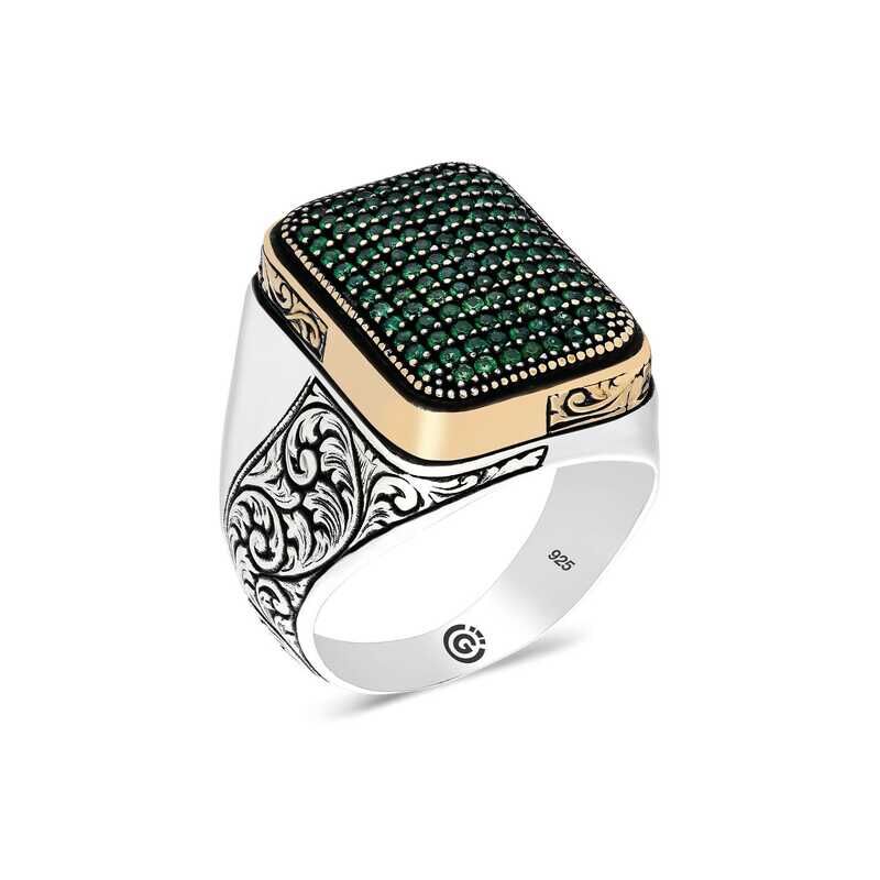 Anillo cuadrado de plata con circonita verde para hombre