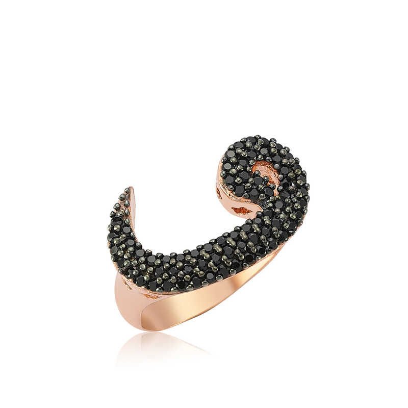 Silver Rose Black Stone Vav Women's Ring