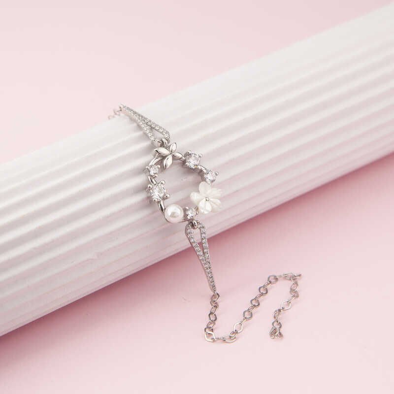 Silver Magnolia Flower Butterfly Women's Bracelet