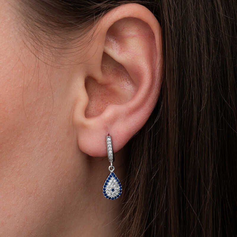 Silver Dangling Drop Evil Eye Women's Earrings