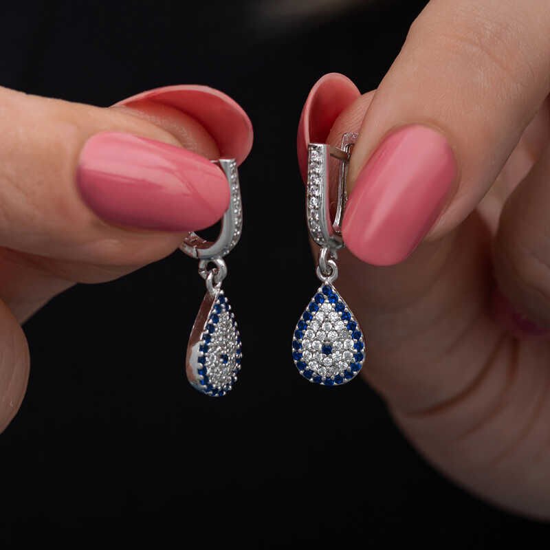 Silver Dangling Drop Evil Eye Women's Earrings