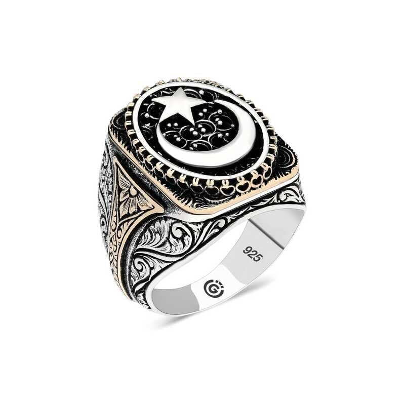 Silver Crescent Star Oval Men's Ring