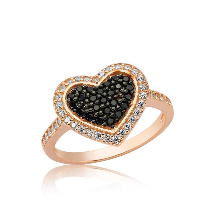Silver Rose Black Stone Heart Women's Ring