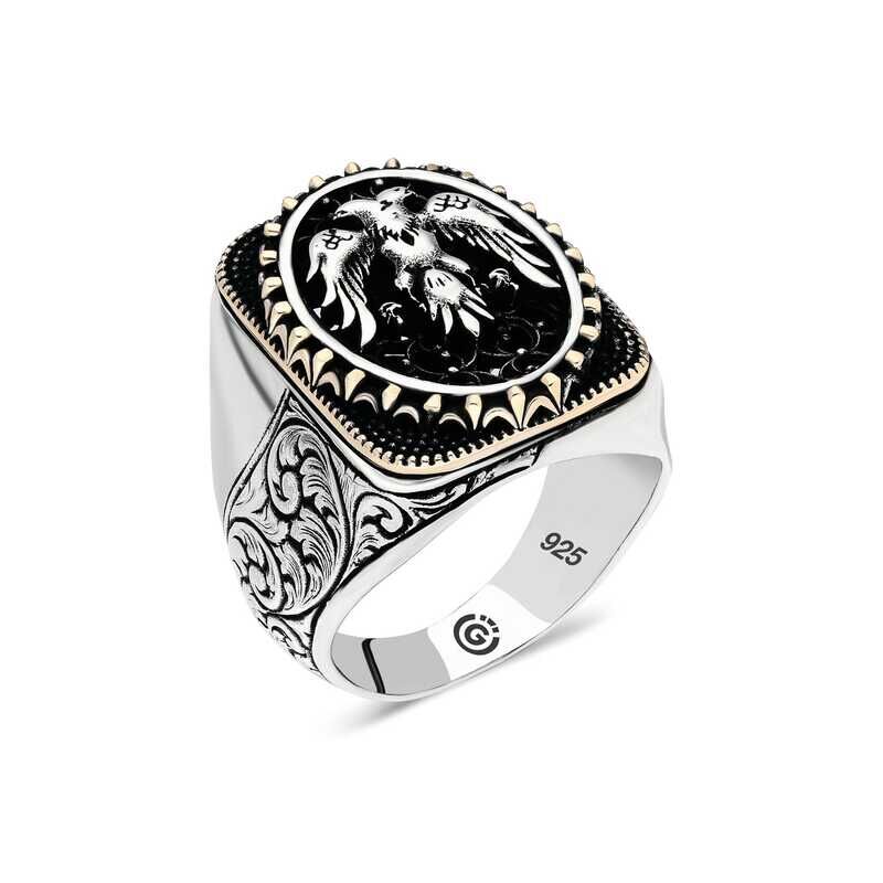 Silver Double Headed Eagle Oval Men's Ring