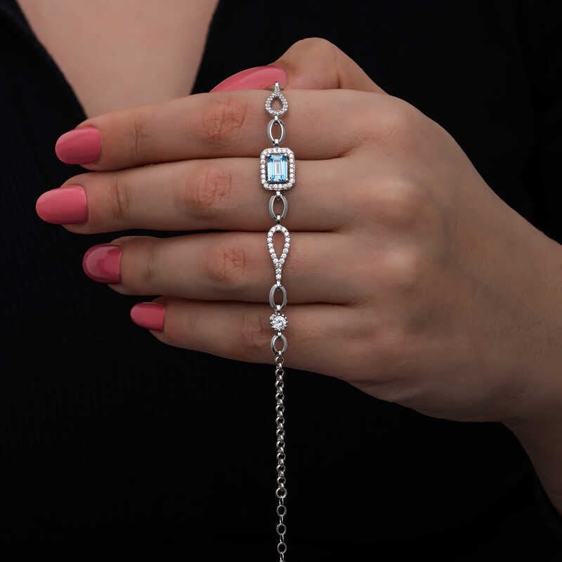 Silver Baguette Turquoise Stone Women's Bracelet