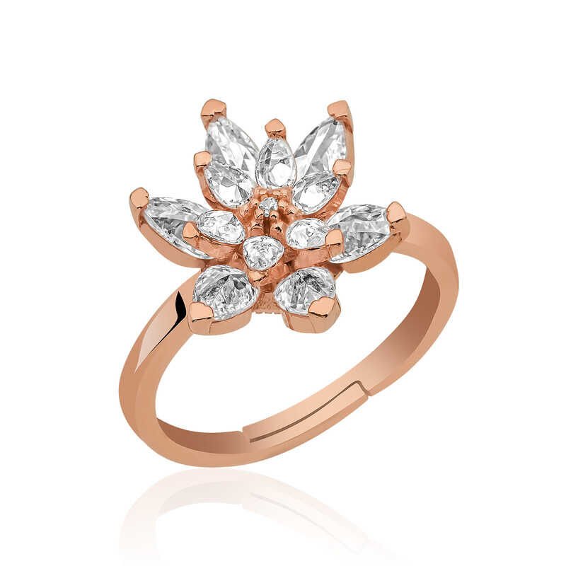 Anillo de flor de loto de plata con piedra blanca y rosa