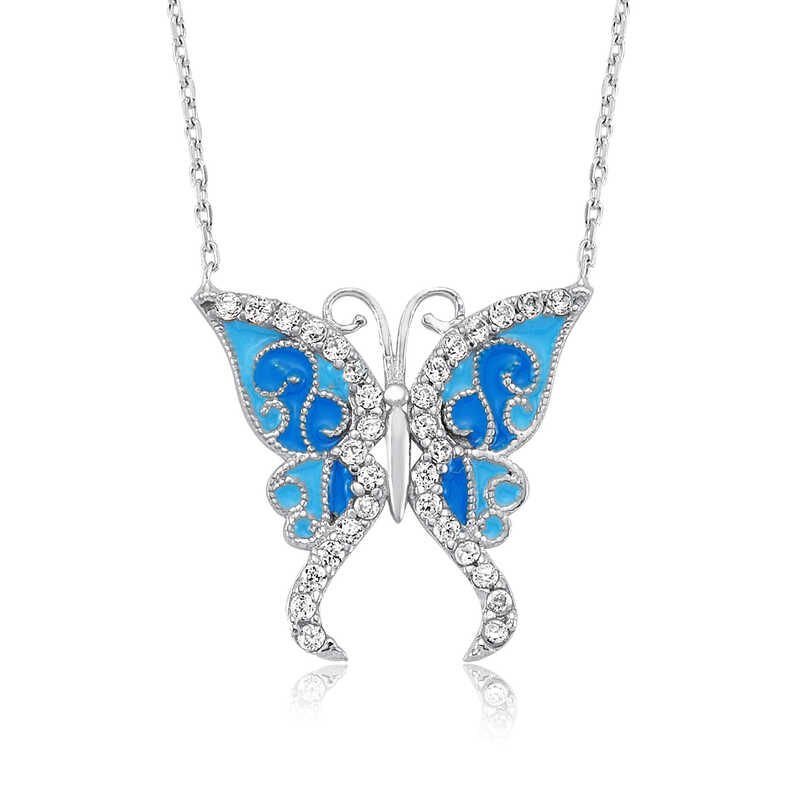 Collar de mujer con mariposa azul plateada