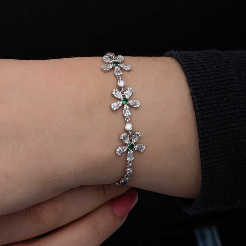 Silver Baguette Flower Patterned Women's Bracelet