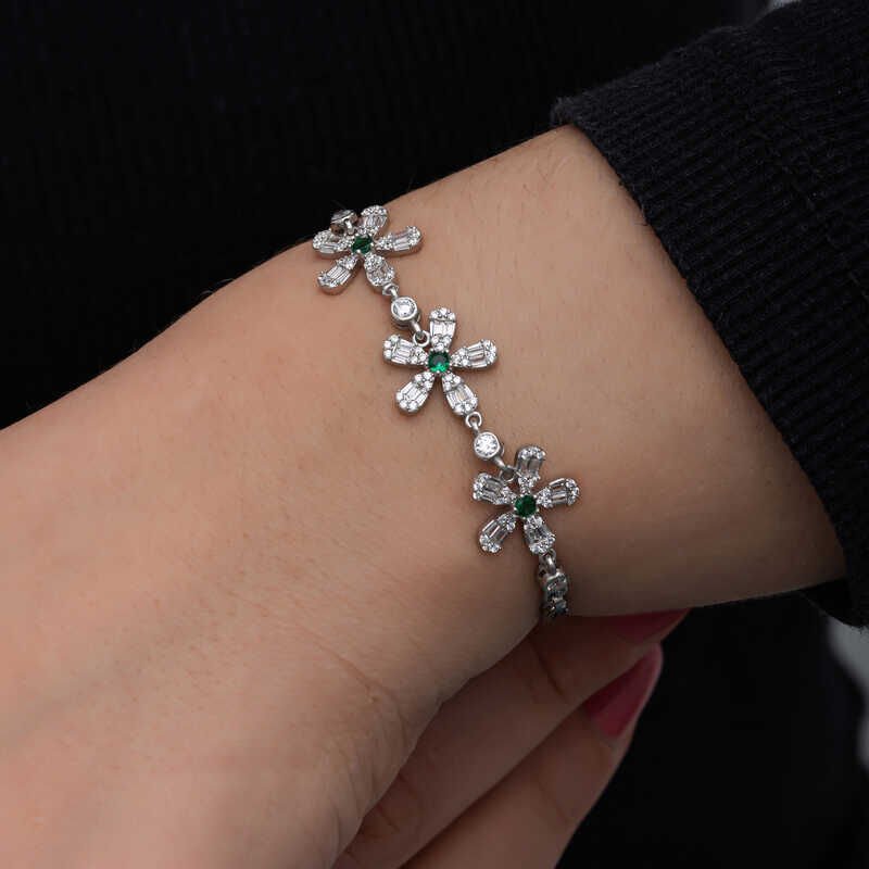 Silver Baguette Flower Patterned Women's Bracelet