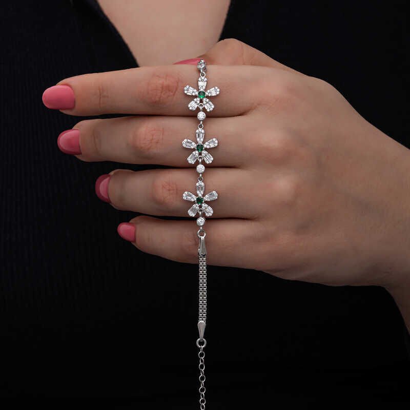 Silver Baguette Flower Patterned Women's Bracelet