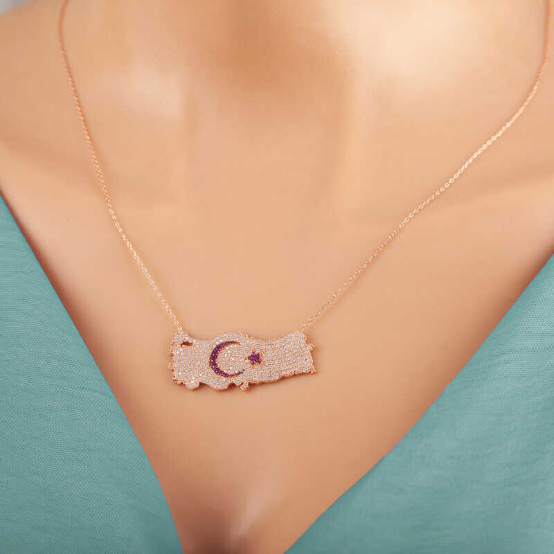 Silver Rose Crescent Star Türkiye Map Women's Necklace