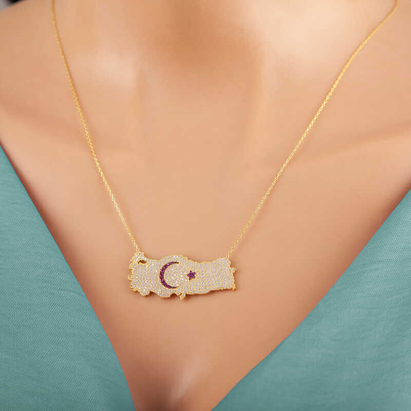 Silver Gold Crescent Star Türkiye Map Women's Necklace
